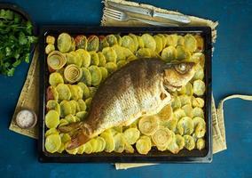 Baked carp, whole fish from the oven with sliced potatoes on a large tray. Traditional polish dish