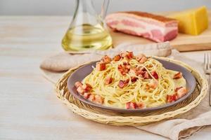 Carbonara pasta. Spaghetti with pancetta, egg, parmesan cheese and cream sauce. photo