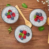 Banner with Chia pudding in bowl with fresh berries raspberries, blueberries. photo