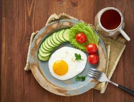 Fried egg, vegetables. Paleo, keto, fodmap diet. Top view. Healthy diet concept,