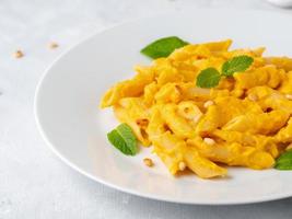 Part of Pumpkin pasta penne with parmesan on white plate, close-up, side view