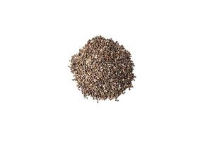 Isolated pile of chia seeds on horizontal white background. Superfood studio shot from above