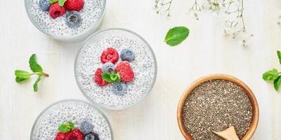 Long banner with chia pudding, top view, fresh berries raspberries photo