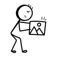 Stick figure holding an image, doodle icon vector