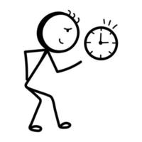 Stick figure with clock, hand drawn icon of late vector