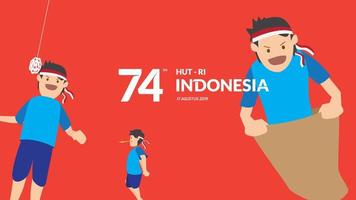 Indonesia traditional games during independence day, children racing inside sack to competition each other. celebration of freedom. - Vector