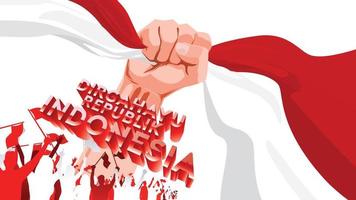 17 August. Indonesia Happy Independence Day greeting card with hands clenched, Spirit of freedom symbol. Use for banner, and background . - Vector