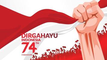 17 August. Indonesia Happy Independence Day greeting card with hands clenched, Spirit of freedom symbol. Use for banner, and background . - Vector