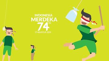 juegos tradicionales de indonesia durante el día de la independencia, romper el globo de agua con los ojos cerrados, comer galletas y carrera de sacos. celebración de la libertad. - vectores