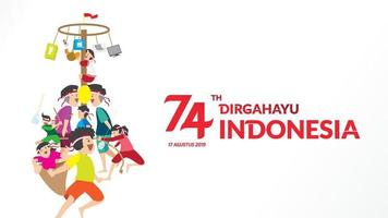 juegos tradicionales de indonesia durante el día de la independencia, escalar la nuez de areca o el poste grasiento, comer galletas, carrera de huevos y cucharas, tira y afloja, carreras dentro del saco felizmente. celebración de la libertad. - vectores