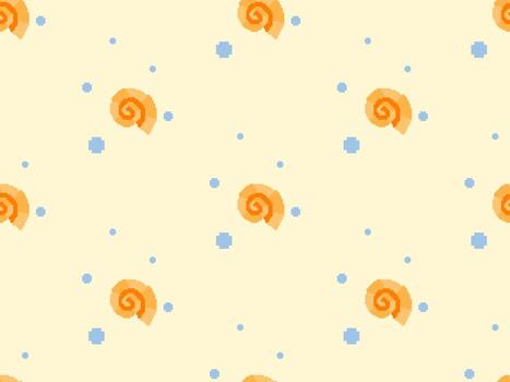 Shell cartoon character seamless pattern on yellow background.Pixel style vector
