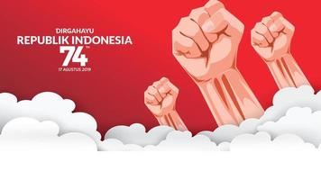 17 de agosto tarjeta de felicitación del día de la independencia de indonesia con las manos apretadas, símbolo del espíritu de libertad. uso para banner y fondo. - vectores