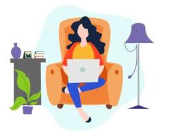 una mujer sentada en la sala de estar trabajando en una computadora portátil vector