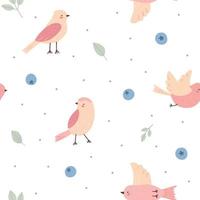 Seamless pattern with childish birds and berries on white background. Cute vector illustration in pastel colors for design, fabric and textiles.