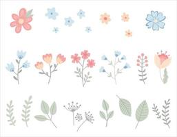 lindo conjunto de flores simples. elementos infantiles de dibujos animados aislados en blanco. plantas de vivero dibujadas a mano, hojas, ramitas, hierba. ilustración vectorial sencilla.