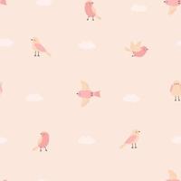 Seamless pattern with cute pink birds and clouds on beige background. Childish simple vector illustration for design, fabric and textiles.