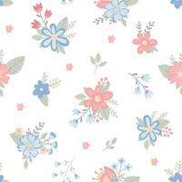 Seamless pattern with childish flowers on white background. Cute vector illustration in pastel colors with floral elements, for design, fabric and textiles.