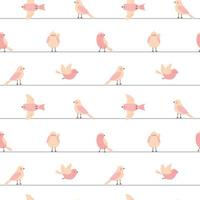 Seamless pattern with cute pink birds and green stripes on a white background. Childish simple vector illustration for design, fabric and textiles.