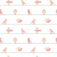 Seamless pattern with cute pink birds and green stripes on a white background. Childish simple vector illustration for design, fabric and textiles.