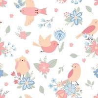 Seamless pattern with childish birds and flowers on a white background. Cute vector illustration in pastel colors with floral elements, for design, fabric and textiles.