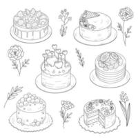 conjunto de pasteles y flores. boceto, contorno sobre fondo blanco. postre para decorar pastelería. vector
