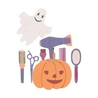 accesorios de calabaza y peluquería, peine, tijeras. feliz día de halloween, herramientas de barbero en una linda composición festiva. el vector es adecuado para publicidad y decoración.