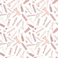 Seamless pattern with hairdressing tools, hair dryer, scissors, combs. Accessories for hairdressers in beige pastel color. vector