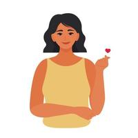 Woman showing korean love sign, heart shape by fingers. Self care, sharing, giving love, Valentines Day. Vector illustration in flat style
