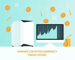 Ability to mining cryptocurrency bitcoin on your computer at home, with the help of hard drives. Physical bit coin, Digital currency concept. Flat design vector illustration