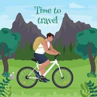 un hombre viaja en bicicleta. concepto de tiempo para viajar. hombre montado en una bicicleta. ilustración vectorial en estilo plano vector