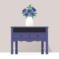 Violet old vintage table with bouquet of peony flowers. Vector illustration in flat style and trendy 2022 colors