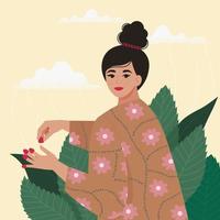 Woman pluck raspberries. Gardening, organic food, summer time concepts. Vector illustration in flat style