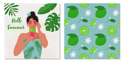 Summer set with poster and seamless pattern with limes. Woman in sunglass with ice cream. Advertisement template, tropical pattern. Vector illustration