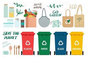 Zero waste set with different objects to save the planet. Vector illustration in flat style, isolated on white backgoound