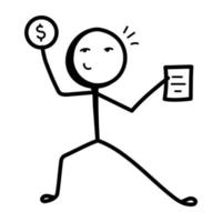 Stick figure with reports, hand drawn icon of data manager vector