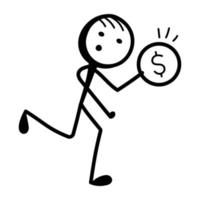 Stick figure with dollar, hand drawn icon of finance manager vector