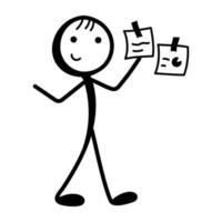 Stick figure with reports, hand drawn icon of data manager vector