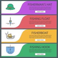 Fishing web banner templates set. Fishing float, fisherman hat, boat, fishhook. Website color menu items. Vector headers design concepts