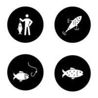 Fishing glyph icons set. Fisherman, lure, fish and hook. Vector white silhouettes illustrations in black circles