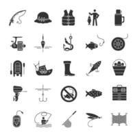 conjunto de iconos de glifo de pesca. equipo de pesca con caña. pescado, cebo, anzuelo, aparejo, bote, caña, pescador, termo, ecosonda, uniforme. símbolos de silueta. ilustración vectorial aislada vector