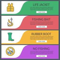 Fishing web banner templates set. Life jacket, bait, rubber boot, no fishing sign. Website color menu items. Vector headers design concepts