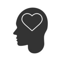 Human head with heart shape inside glyph icon. Thoughts about love. Silhouette symbol. Romantic mood. Fallen in love. Negative space. Vector isolated illustration