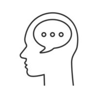 Human head with speech bubble linear icon. Thinking. Thin line illustration. Internal dialogue. Communication. Contour symbol. Vector isolated outline drawing