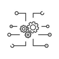 Device settings linear icon. Cogwheels system. Cyberspace. Thin line illustration. Computing. Contour symbol. Vector isolated outline drawing