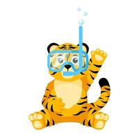 Cute little Tiger diver character isolated. Happy club cartoon striped tiger swimming. vector