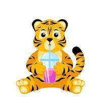 lindo pequeño tigre bebiendo jugo aislado. tigre rayado de dibujos animados de carácter con taza. vector
