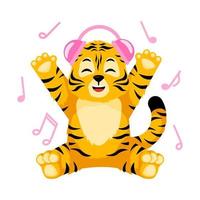 Little Tiger listening music with headphone isolated. Character cartoon striped tiger dancing. vector