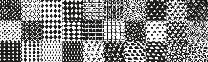 Set of abstract ink shapes seamless patterns. Hand drawn grunge elements wallpaper. Creative freehand endless wallpaper. Expressive monochrome graphic backdrop. vector