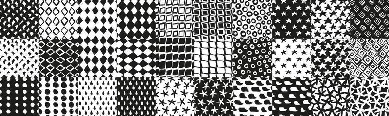 Set of abstract ink shapes seamless patterns. Hand drawn grunge elements wallpaper. Creative freehand endless wallpaper. Expressive monochrome graphic backdrop.