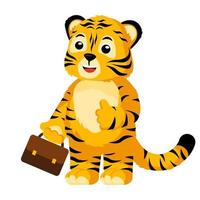 Cute Tiger office worker with case isolated. Happy character cartoon striped tiger employee.